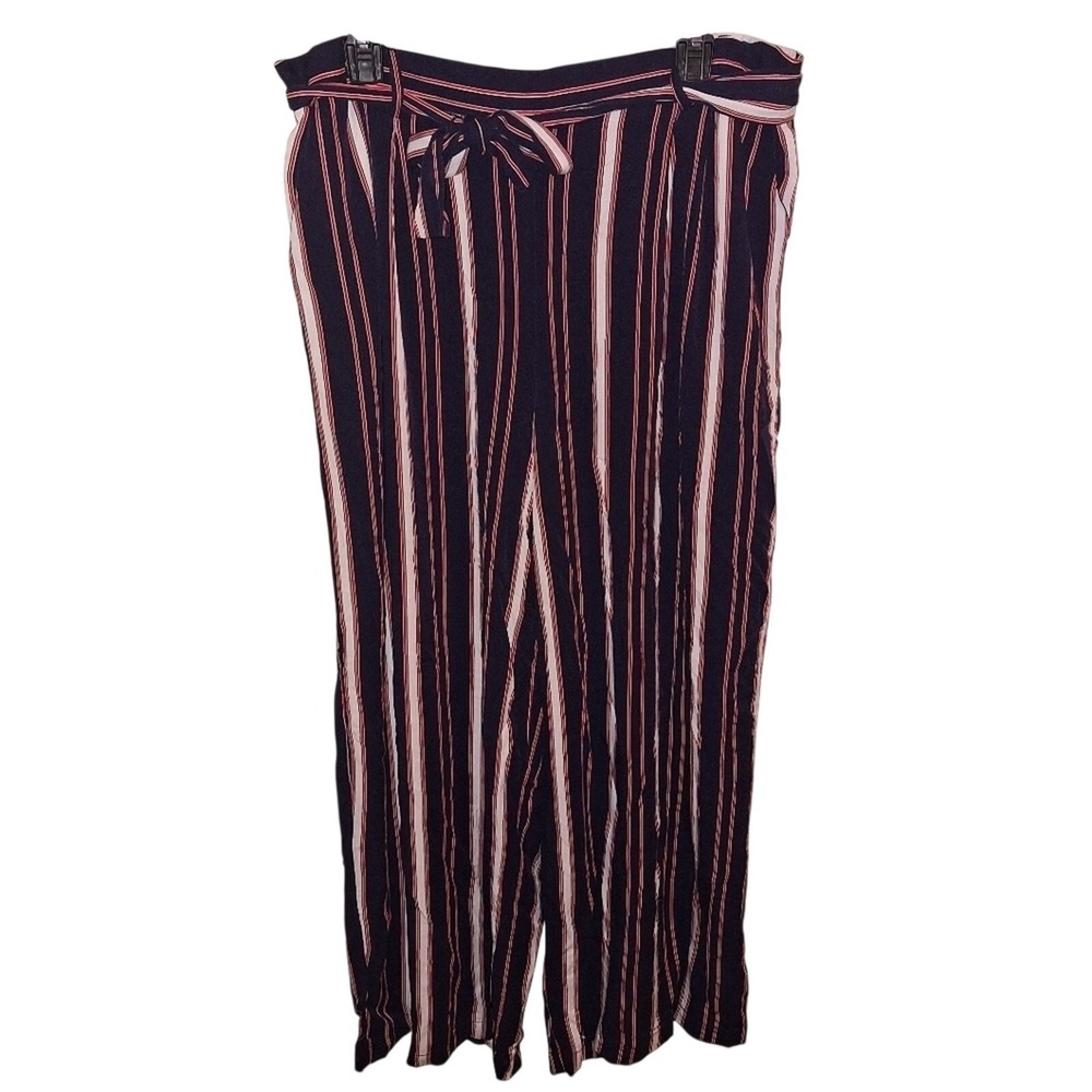 Womens XL Navy Red White Nautical Striped Wide Leg Tie Waist Pants Viscose